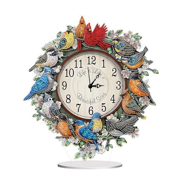 5D DIY Special Shape Diamond Painting Desk Ornament Handmade Clock Kit(Flower Bird)